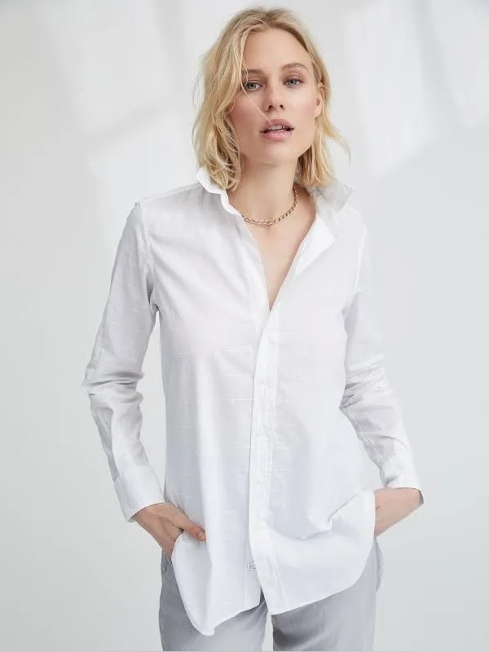 Frank & Eileen White Pinstripe Longline Button-Down Shirt